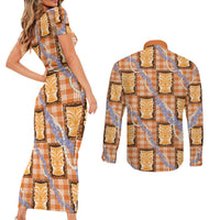 Aloha Hawaii Tiki Palaka Motifs Couples Matching Short Sleeve Bodycon Dress and Long Sleeve Button Shirt Honohono Lei Orange Elegant Vibes