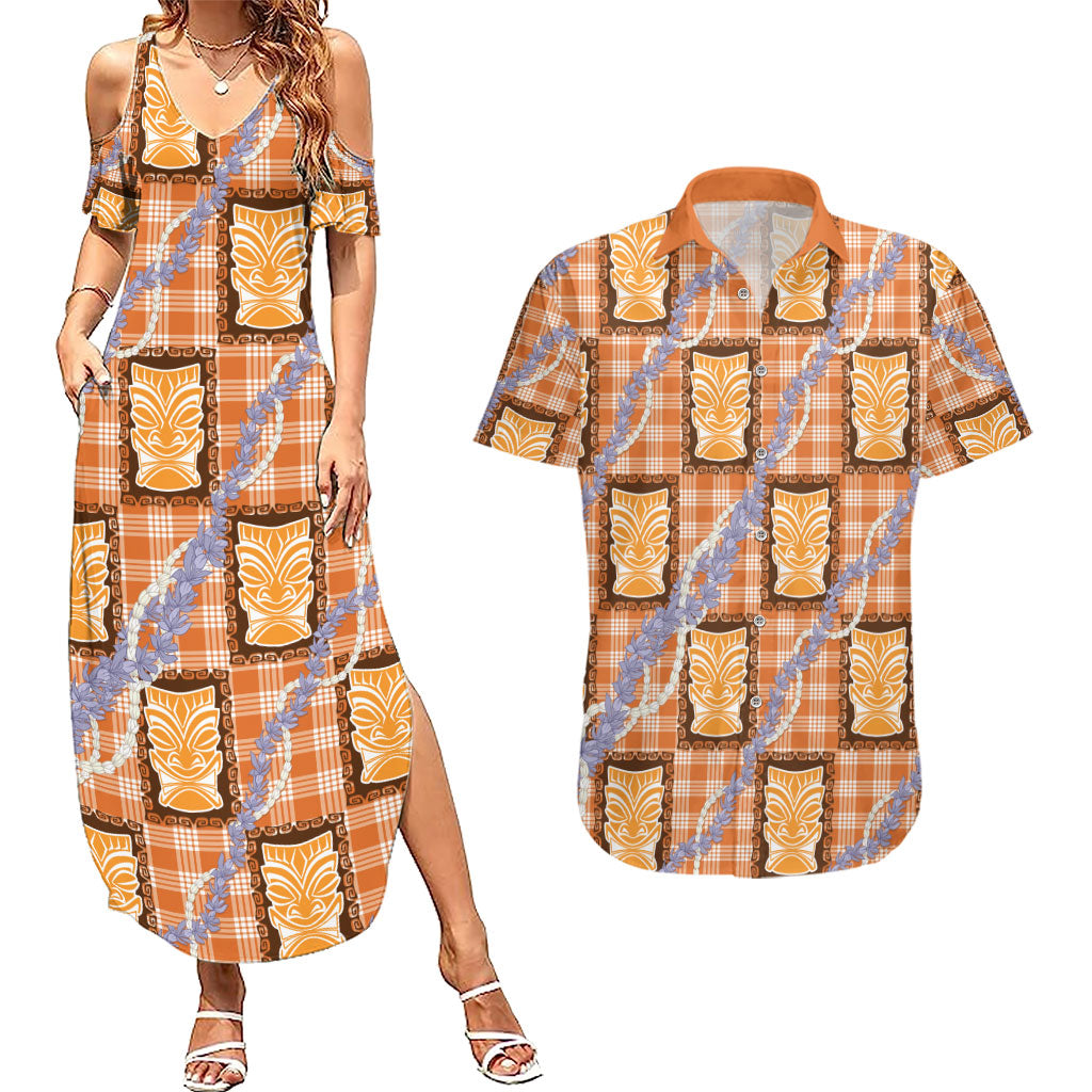 Aloha Hawaii Tiki Palaka Motifs Couples Matching Summer Maxi Dress and Hawaiian Shirt Honohono Lei Orange Elegant Vibes