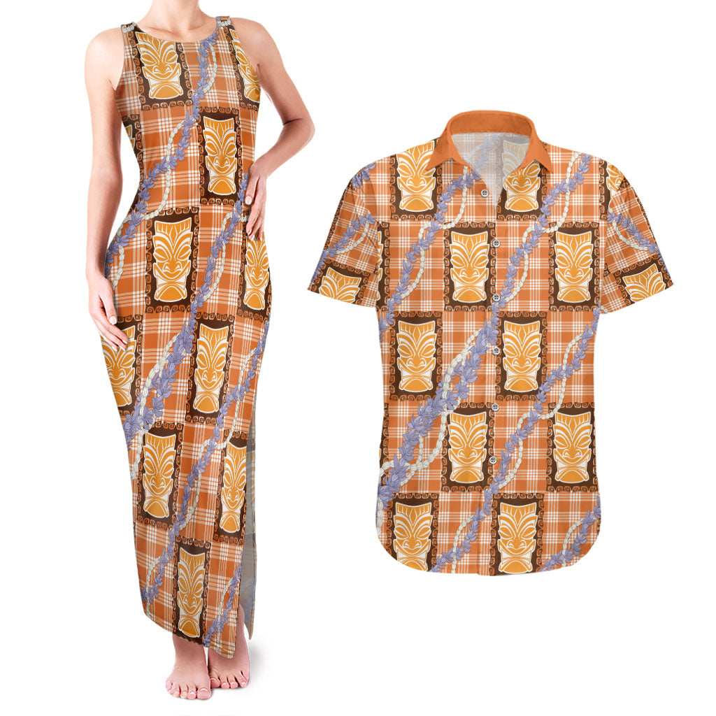 Aloha Hawaii Tiki Palaka Motifs Couples Matching Tank Maxi Dress and Hawaiian Shirt Honohono Lei Orange Elegant Vibes