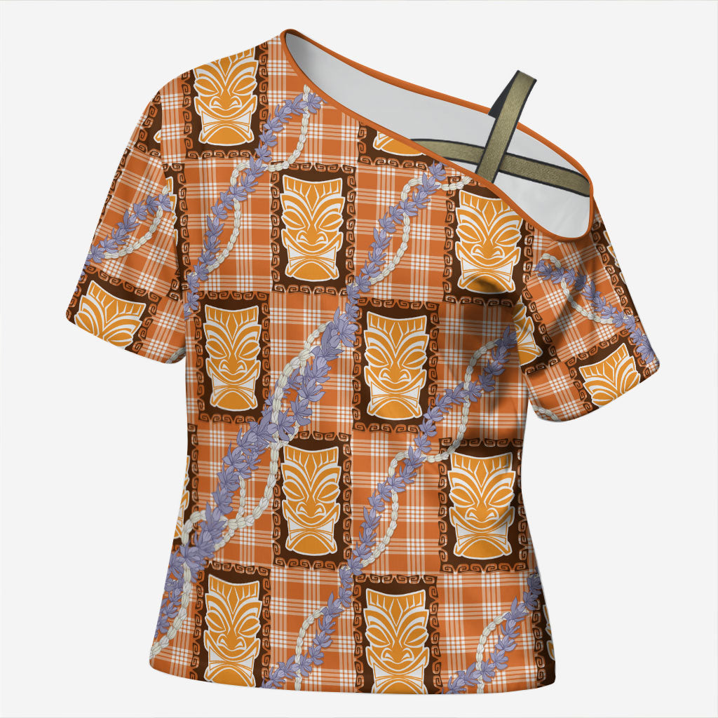 Aloha Hawaii Tiki Palaka Motifs Cross Shoulder Shirt Honohono Lei Orange Elegant Vibes