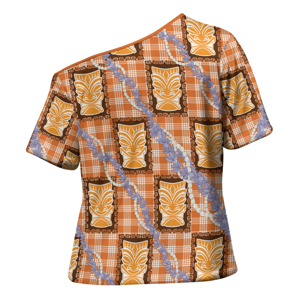 Aloha Hawaii Tiki Palaka Motifs Cross Shoulder Shirt Honohono Lei Orange Elegant Vibes