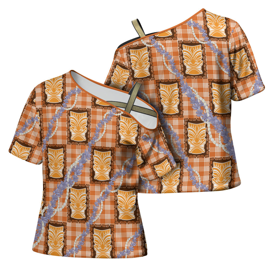 Aloha Hawaii Tiki Palaka Motifs Cross Shoulder Shirt Honohono Lei Orange Elegant Vibes