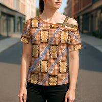 Aloha Hawaii Tiki Palaka Motifs Cross Shoulder Shirt Honohono Lei Orange Elegant Vibes