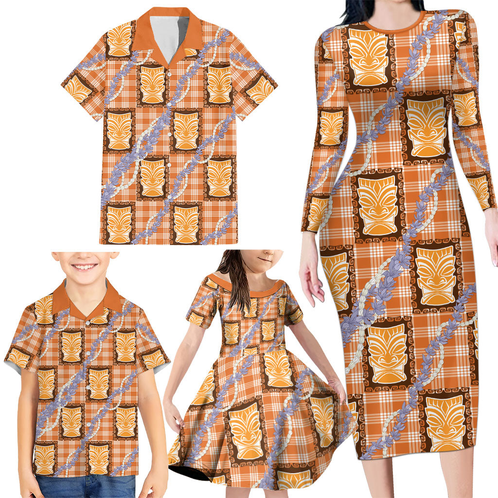 Aloha Hawaii Tiki Palaka Motifs Family Matching Long Sleeve Bodycon Dress and Hawaiian Shirt Honohono Lei Orange Elegant Vibes LT14 - Polynesian Pride