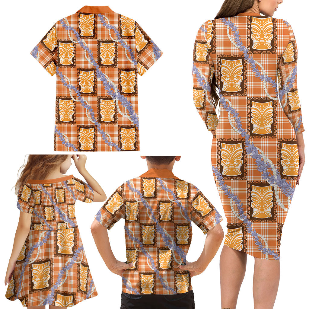 Aloha Hawaii Tiki Palaka Motifs Family Matching Long Sleeve Bodycon Dress and Hawaiian Shirt Honohono Lei Orange Elegant Vibes LT14 - Polynesian Pride