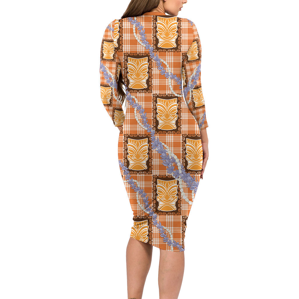 Aloha Hawaii Tiki Palaka Motifs Family Matching Long Sleeve Bodycon Dress and Hawaiian Shirt Honohono Lei Orange Elegant Vibes LT14 - Polynesian Pride