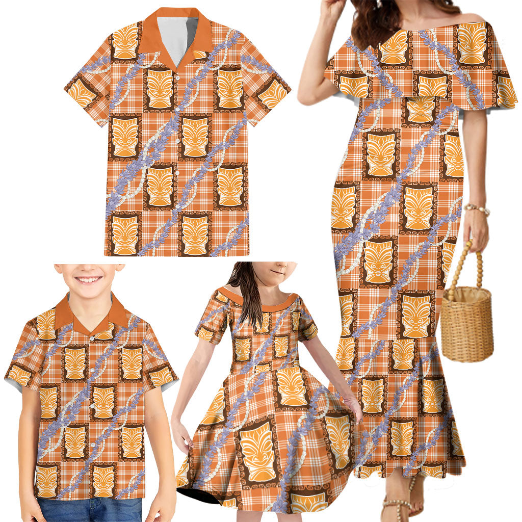 Aloha Hawaii Tiki Palaka Motifs Family Matching Mermaid Dress and Hawaiian Shirt Honohono Lei Orange Elegant Vibes