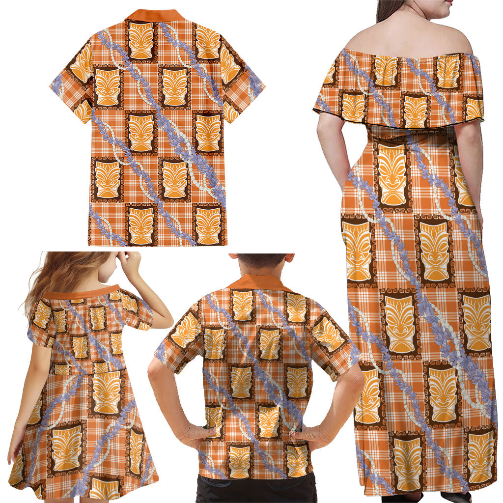 Aloha Hawaii Tiki Palaka Motifs Family Matching Off Shoulder Maxi Dress and Hawaiian Shirt Honohono Lei Orange Elegant Vibes LT14 - Polynesian Pride