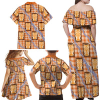 Aloha Hawaii Tiki Palaka Motifs Family Matching Off Shoulder Maxi Dress and Hawaiian Shirt Honohono Lei Orange Elegant Vibes LT14 - Polynesian Pride