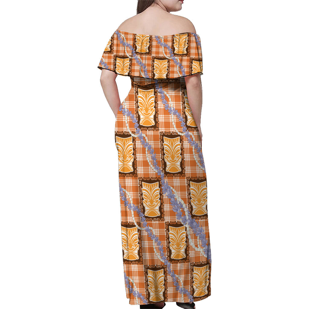 Aloha Hawaii Tiki Palaka Motifs Family Matching Off Shoulder Maxi Dress and Hawaiian Shirt Honohono Lei Orange Elegant Vibes LT14 - Polynesian Pride