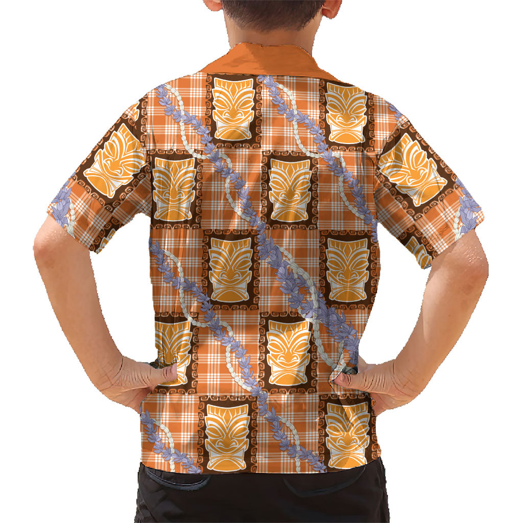 Aloha Hawaii Tiki Palaka Motifs Family Matching Off Shoulder Short Dress and Hawaiian Shirt Honohono Lei Orange Elegant Vibes LT14 - Polynesian Pride