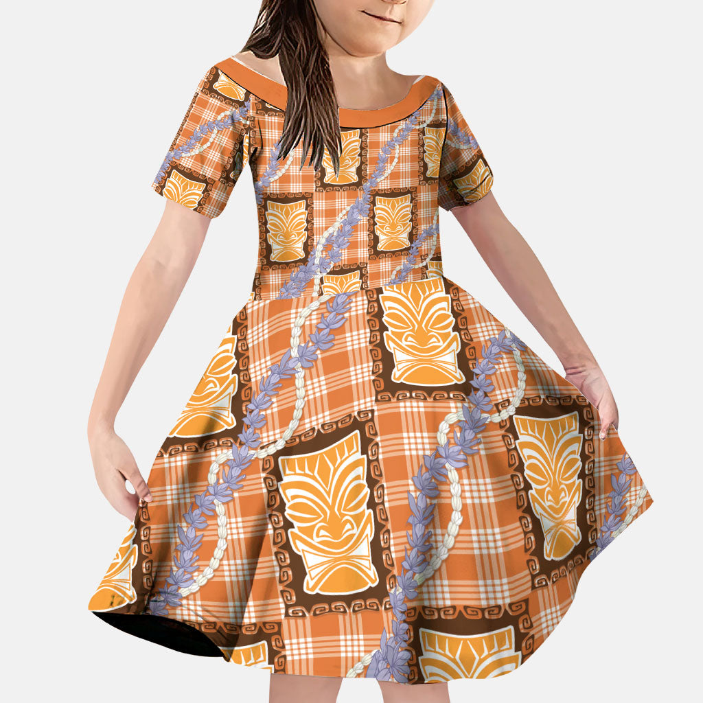 Aloha Hawaii Tiki Palaka Motifs Family Matching Off Shoulder Short Dress and Hawaiian Shirt Honohono Lei Orange Elegant Vibes LT14 Daughter's Dress Orange - Polynesian Pride