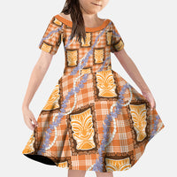 Aloha Hawaii Tiki Palaka Motifs Family Matching Off Shoulder Short Dress and Hawaiian Shirt Honohono Lei Orange Elegant Vibes LT14 Daughter's Dress Orange - Polynesian Pride