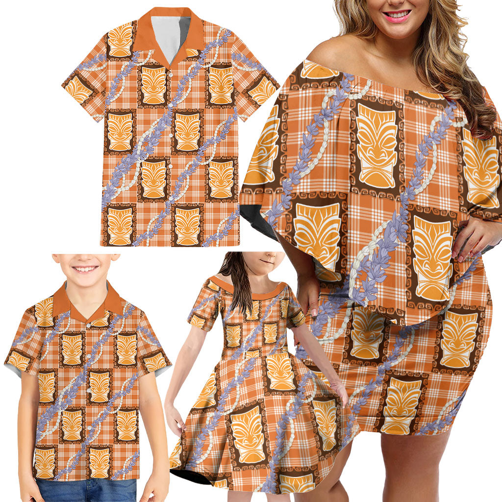 Aloha Hawaii Tiki Palaka Motifs Family Matching Off Shoulder Short Dress and Hawaiian Shirt Honohono Lei Orange Elegant Vibes LT14 - Polynesian Pride