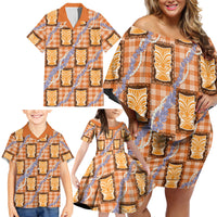 Aloha Hawaii Tiki Palaka Motifs Family Matching Off Shoulder Short Dress and Hawaiian Shirt Honohono Lei Orange Elegant Vibes LT14 - Polynesian Pride