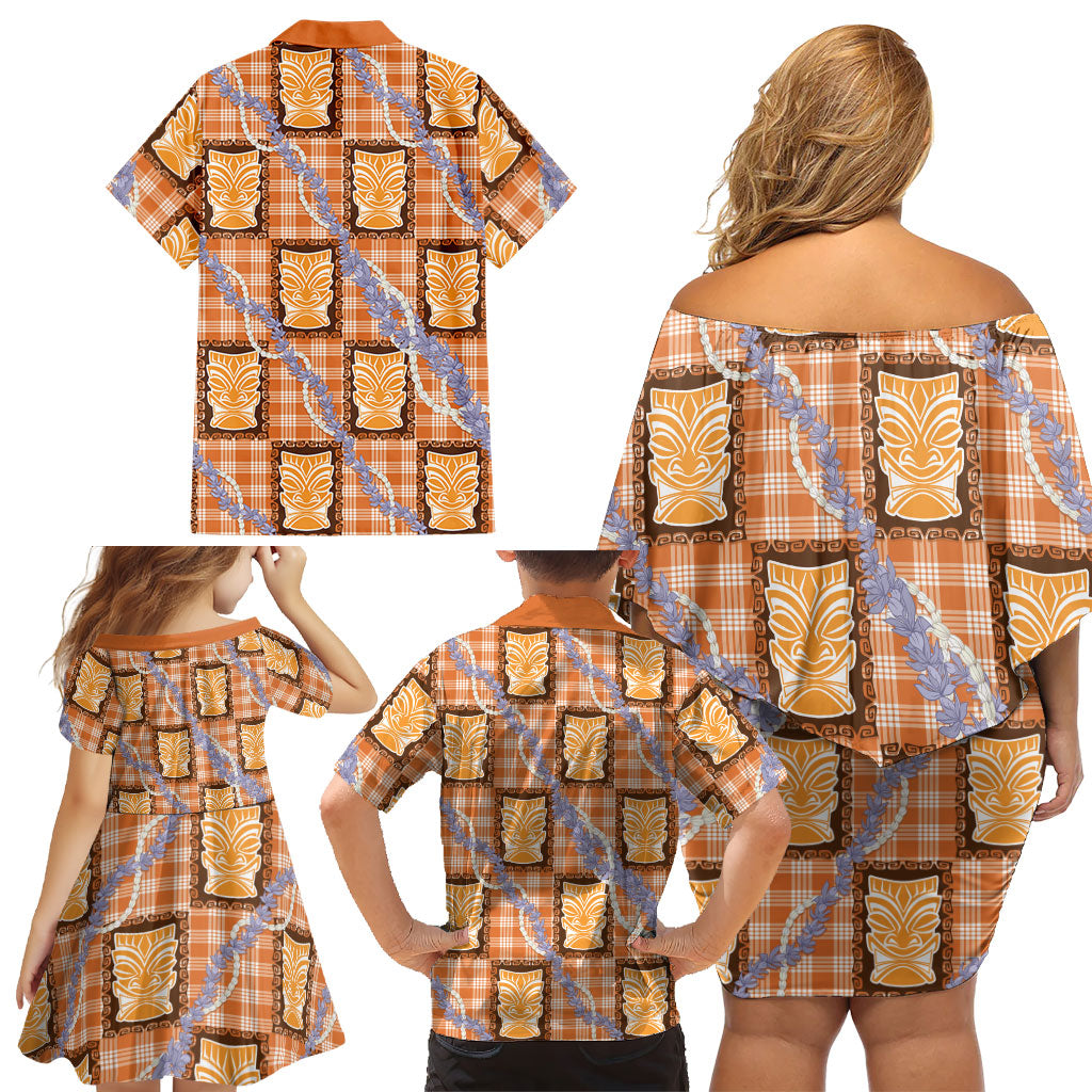 Aloha Hawaii Tiki Palaka Motifs Family Matching Off Shoulder Short Dress and Hawaiian Shirt Honohono Lei Orange Elegant Vibes LT14 - Polynesian Pride