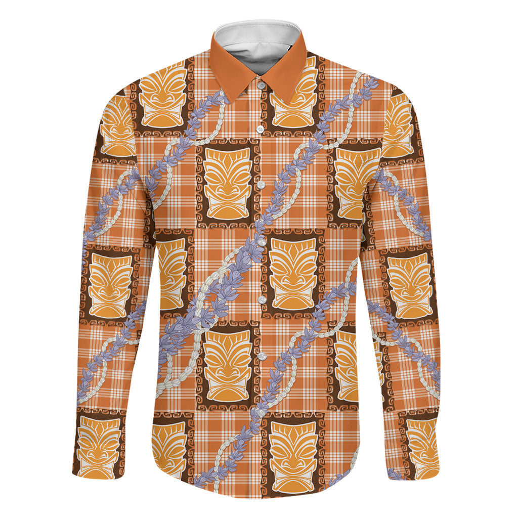 Aloha Hawaii Tiki Palaka Motifs Family Matching Off Shoulder Short Dress and Hawaiian Shirt Honohono Lei Orange Elegant Vibes LT14 Dad's Shirt - Long Sleeve Orange - Polynesian Pride