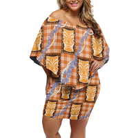 Aloha Hawaii Tiki Palaka Motifs Family Matching Off Shoulder Short Dress and Hawaiian Shirt Honohono Lei Orange Elegant Vibes LT14 Mom's Dress Orange - Polynesian Pride