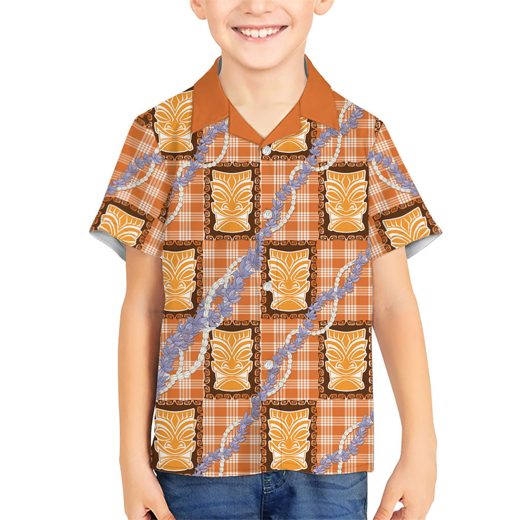 Aloha Hawaii Tiki Palaka Motifs Family Matching Off Shoulder Short Dress and Hawaiian Shirt Honohono Lei Orange Elegant Vibes LT14 Son's Shirt Orange - Polynesian Pride