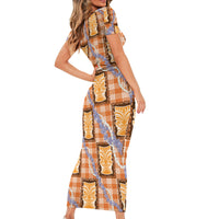 Aloha Hawaii Tiki Palaka Motifs Family Matching Short Sleeve Bodycon Dress and Hawaiian Shirt Honohono Lei Orange Elegant Vibes