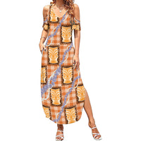 Aloha Hawaii Tiki Palaka Motifs Family Matching Summer Maxi Dress and Hawaiian Shirt Honohono Lei Orange Elegant Vibes