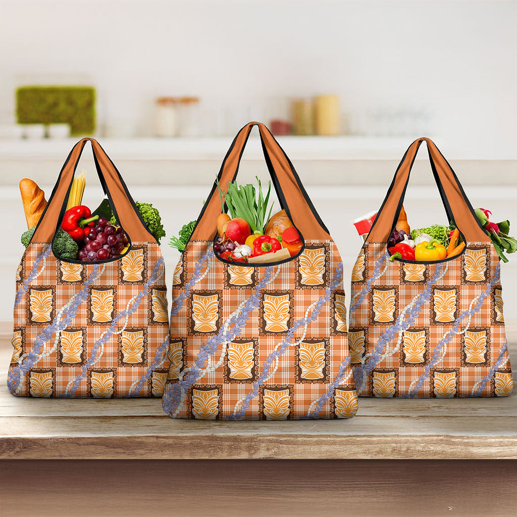 Aloha Hawaii Tiki Palaka Motifs Grocery Bag Honohono Lei Orange Elegant Vibes