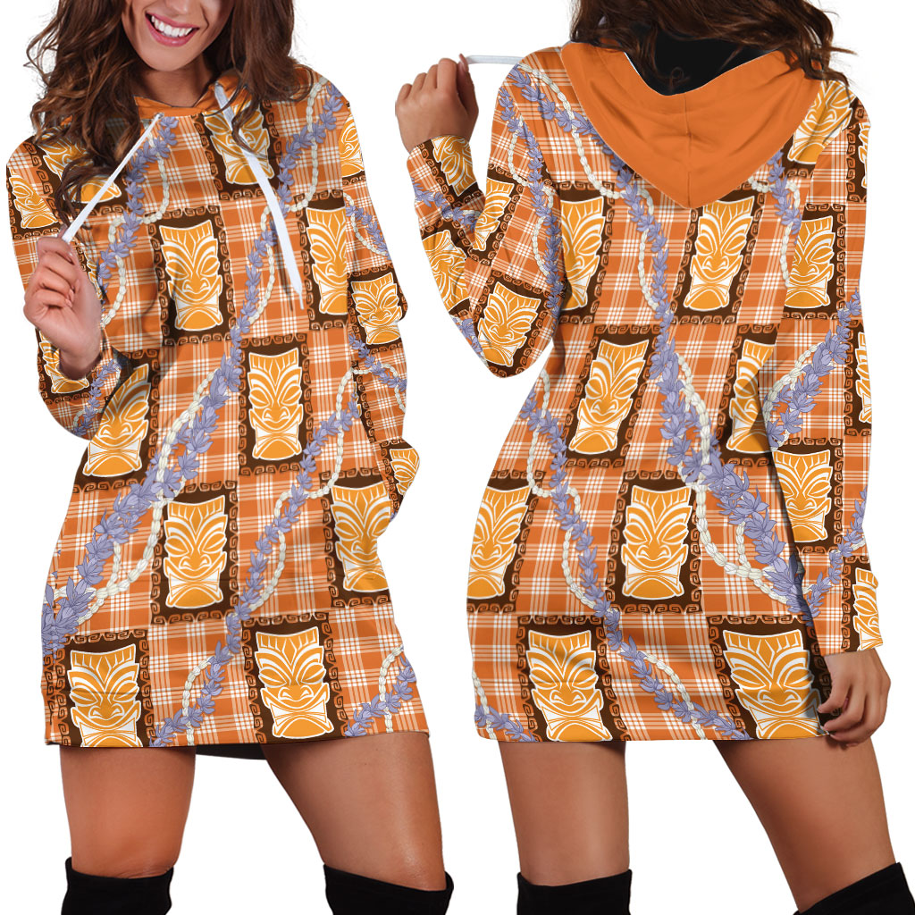 Aloha Hawaii Tiki Palaka Motifs Hoodie Dress Honohono Lei Orange Elegant Vibes