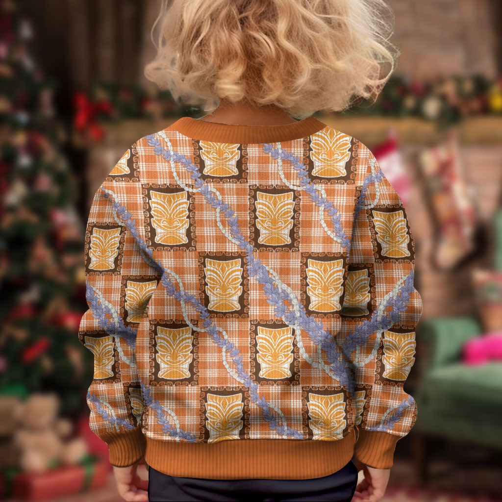 Aloha Hawaii Tiki Palaka Motifs Kid Ugly Christmas Sweater Honohono Lei Orange Elegant Vibes LT14 - Polynesian Pride