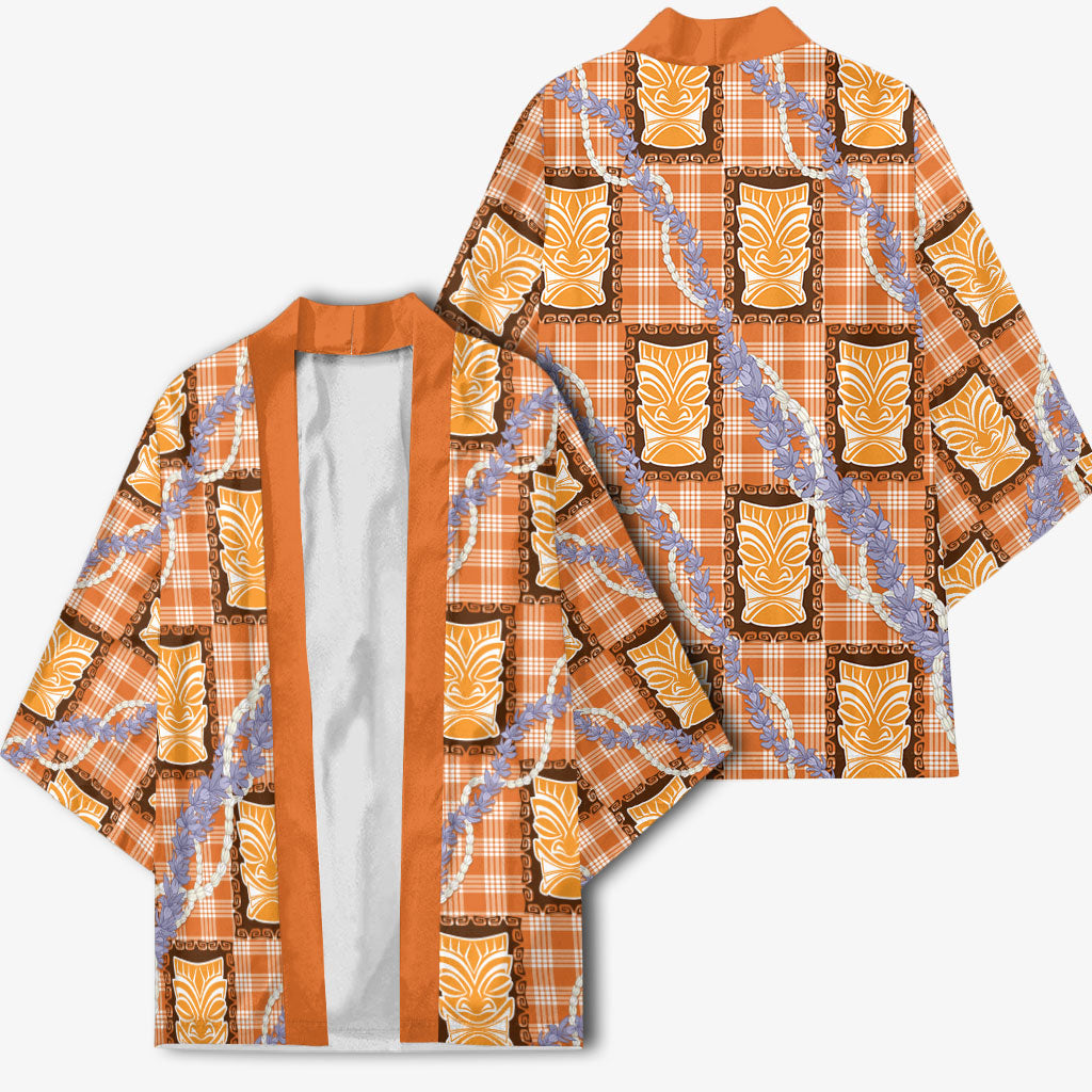 Aloha Hawaii Tiki Palaka Motifs Kimono Honohono Lei Orange Elegant Vibes