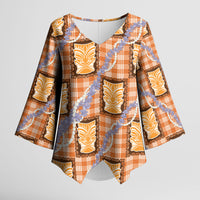 Aloha Hawaii Tiki Palaka Motifs Kimono Sleeve Blouse Honohono Lei Orange Elegant Vibes