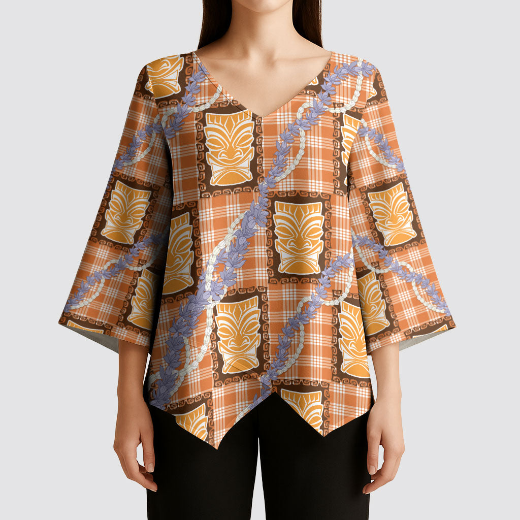 Aloha Hawaii Tiki Palaka Motifs Kimono Sleeve Blouse Honohono Lei Orange Elegant Vibes