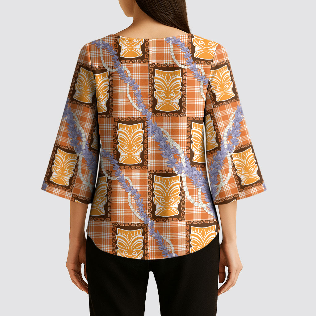 Aloha Hawaii Tiki Palaka Motifs Kimono Sleeve Blouse Honohono Lei Orange Elegant Vibes