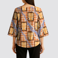 Aloha Hawaii Tiki Palaka Motifs Kimono Sleeve Blouse Honohono Lei Orange Elegant Vibes