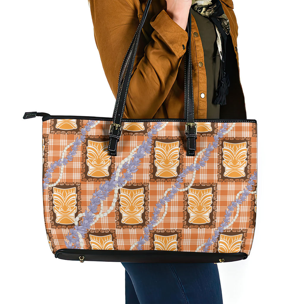 Aloha Hawaii Tiki Palaka Motifs Leather Tote Bag Honohono Lei Orange Elegant Vibes