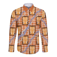Aloha Hawaii Tiki Palaka Motifs Long Sleeve Button Shirt Honohono Lei Orange Elegant Vibes