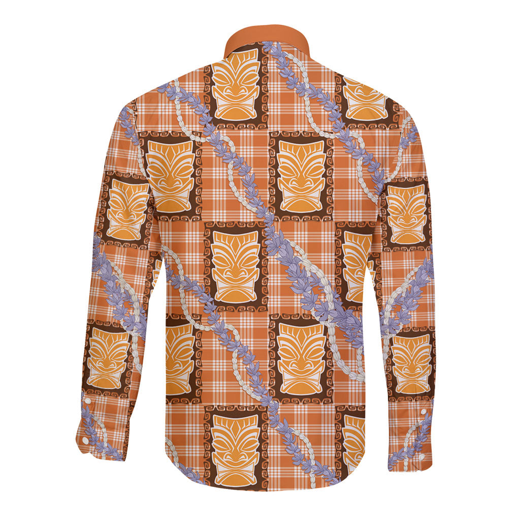 Aloha Hawaii Tiki Palaka Motifs Long Sleeve Button Shirt Honohono Lei Orange Elegant Vibes