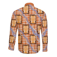Aloha Hawaii Tiki Palaka Motifs Long Sleeve Button Shirt Honohono Lei Orange Elegant Vibes