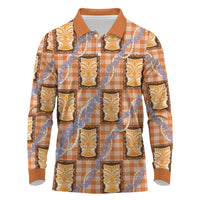 Aloha Hawaii Tiki Palaka Motifs Long Sleeve Polo Shirt Honohono Lei Orange Elegant Vibes
