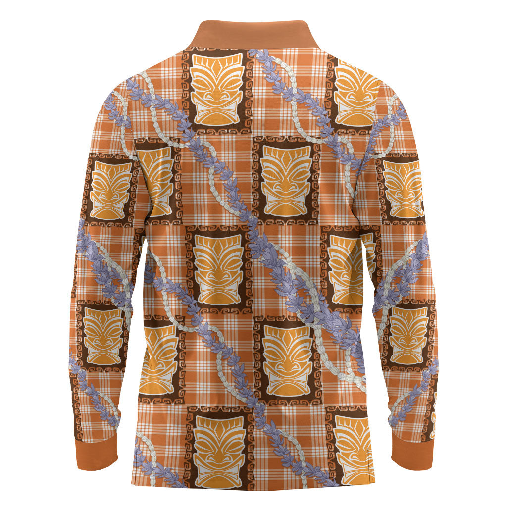 Aloha Hawaii Tiki Palaka Motifs Long Sleeve Polo Shirt Honohono Lei Orange Elegant Vibes