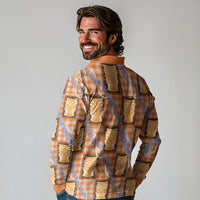 Aloha Hawaii Tiki Palaka Motifs Long Sleeve Polo Shirt Honohono Lei Orange Elegant Vibes