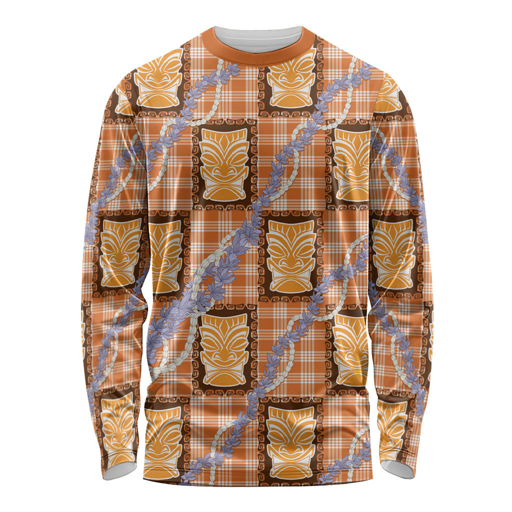 Aloha Hawaii Tiki Palaka Motifs Long Sleeve Shirt Honohono Lei Orange Elegant Vibes