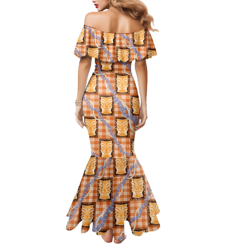 Aloha Hawaii Tiki Palaka Motifs Mermaid Dress Honohono Lei Orange Elegant Vibes LT14 - Polynesian Pride
