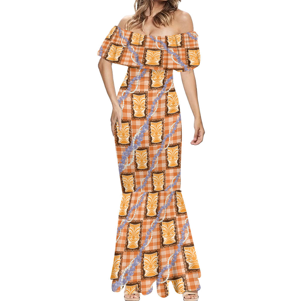 Aloha Hawaii Tiki Palaka Motifs Mermaid Dress Honohono Lei Orange Elegant Vibes LT14 - Polynesian Pride