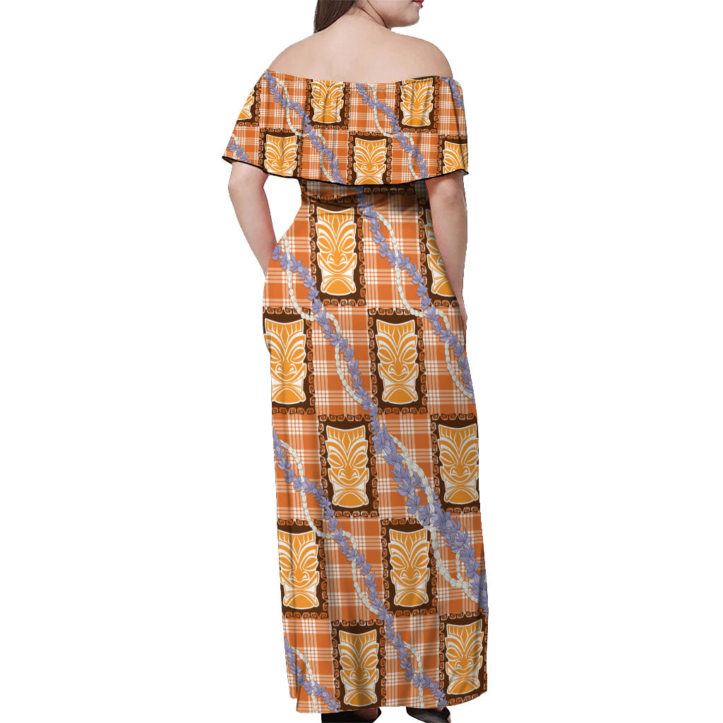 Aloha Hawaii Tiki Palaka Motifs Off Shoulder Maxi Dress Honohono Lei Orange Elegant Vibes