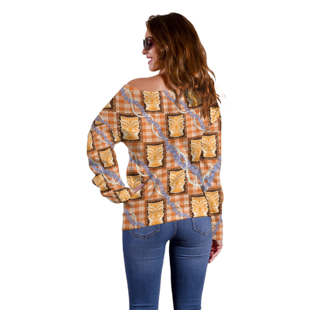 Aloha Hawaii Tiki Palaka Motifs Off Shoulder Sweater Honohono Lei Orange Elegant Vibes