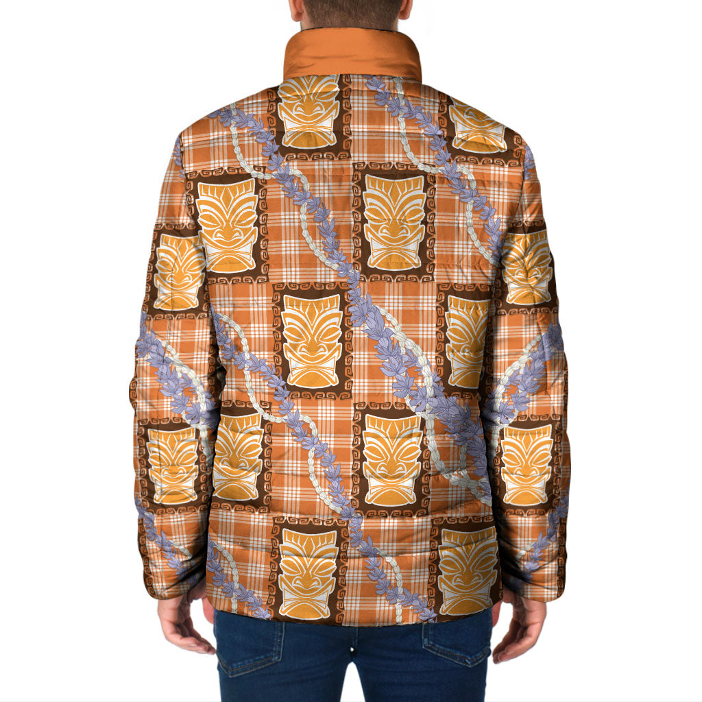Aloha Hawaii Tiki Palaka Motifs Padded Jacket Honohono Lei Orange Elegant Vibes