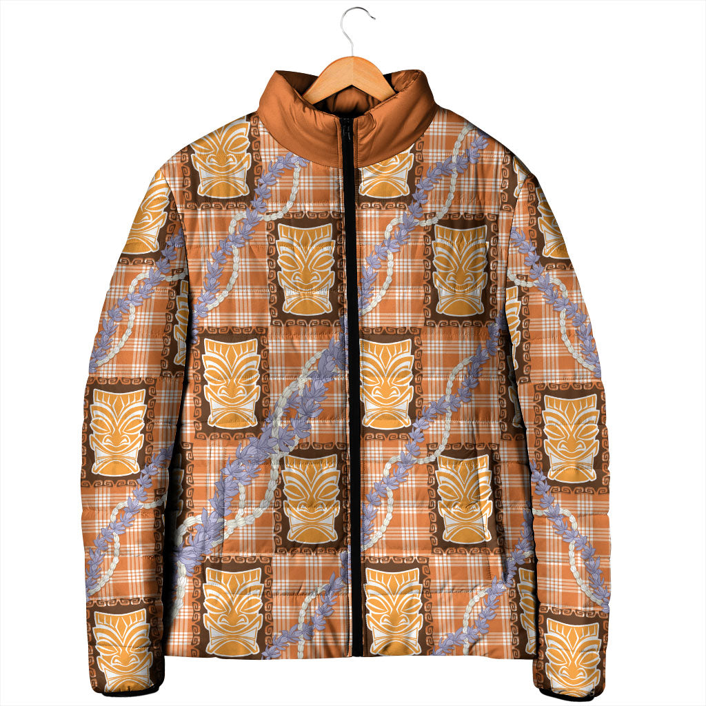 Aloha Hawaii Tiki Palaka Motifs Padded Jacket Honohono Lei Orange Elegant Vibes