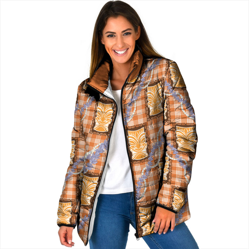 Aloha Hawaii Tiki Palaka Motifs Padded Jacket Honohono Lei Orange Elegant Vibes