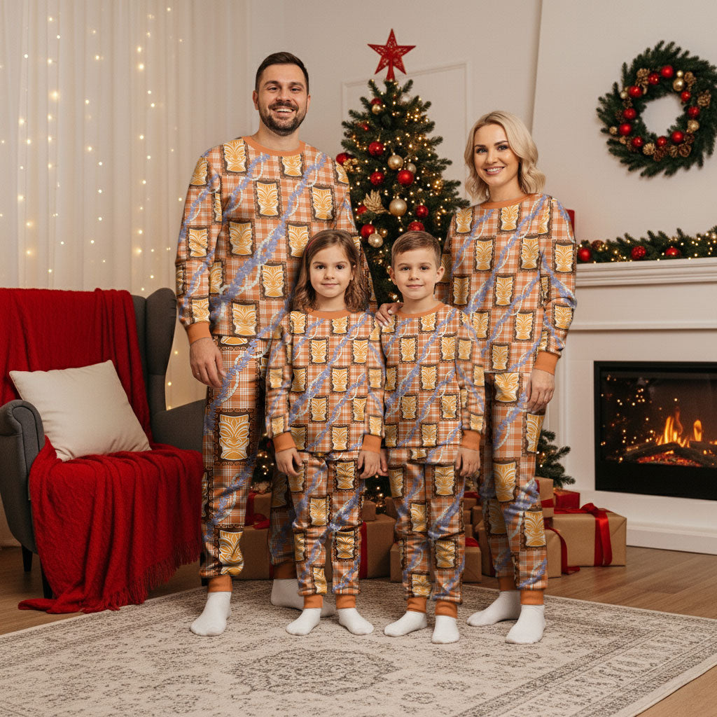 Aloha Hawaii Tiki Palaka Motifs Christmas Pajama Set Honohono Lei Orange Elegant Vibes LT14 - Polynesian Pride