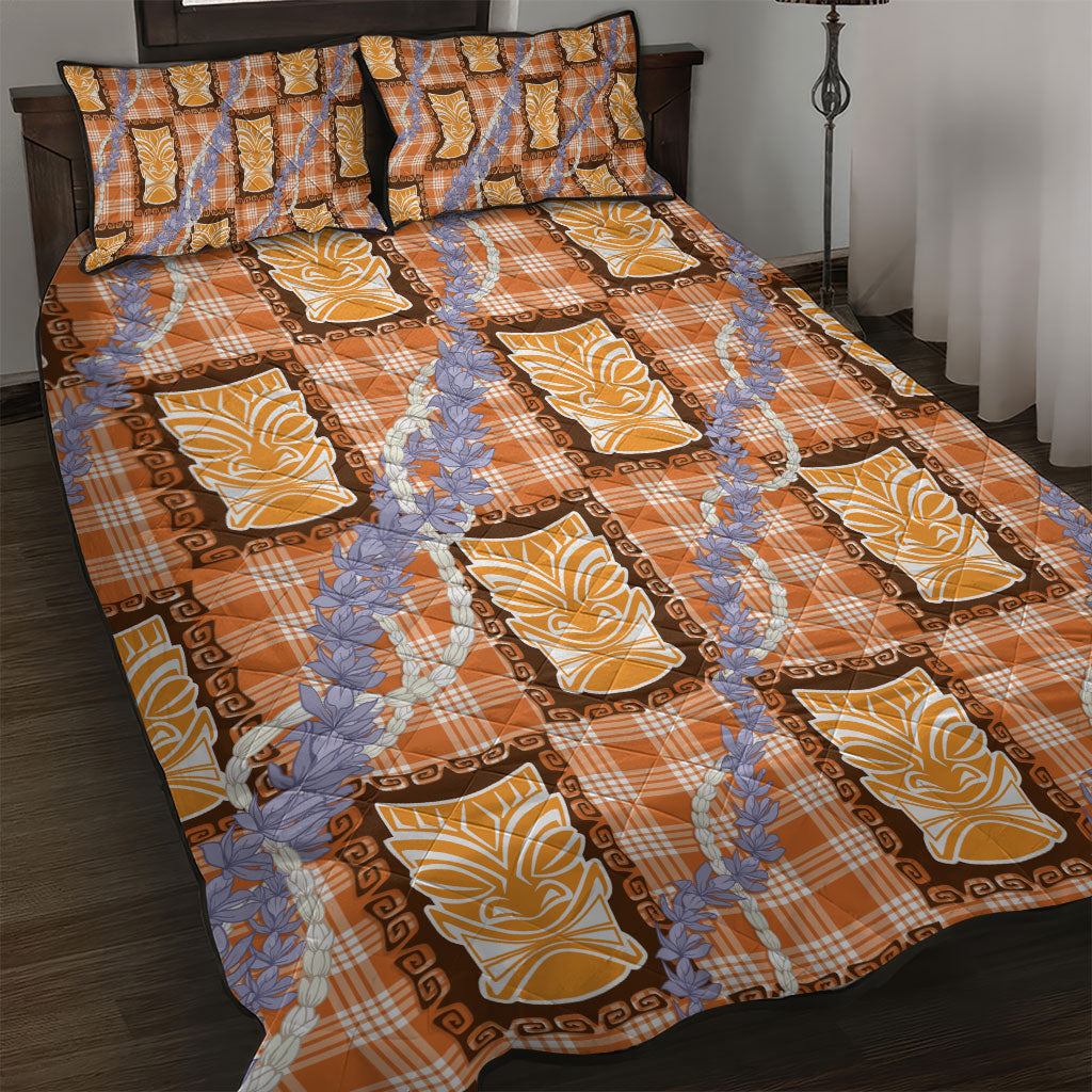 Aloha Hawaii Tiki Palaka Motifs Quilt Bed Set Honohono Lei Orange Elegant Vibes